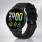 Montre connectée noire avec bracelet en silicone, écran rond