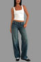 Jean droit taille basse en denim bleu vif pour femme