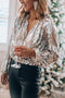 Blusa con paillettes argentate da donna, maniche lunghe
