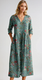 Robe longue à fleurs vertes manches longues pour femme