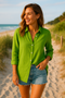 Chemise en lin verte pour femme, manches longues