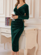 Robe Midi Velours Vert à Manches Longues pour Femme