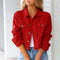 Red denim jacket for women with silver buttons