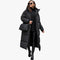 Black long quilted coat for women with hood