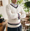 Maglione a trecce bianco con scollo a V da uomo