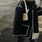 Black wool coat with white trims and fringes