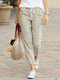 Pantalon en Lin Beige Femme Casual avec Cordon de Serrage