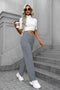 Pantalon Femme Gris Taille Haute avec Boutons Décoratifs